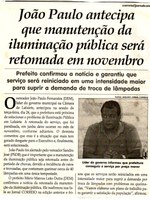 João Paulo antecipa que manutenção da iluminação pública será retomada em novembro. Jornal Correio da Cidade, Conselheiro Lafaiete, 28 out. 2017 a 03 nov. 2017, 1393ª ed., Caderno Politica, p 06.