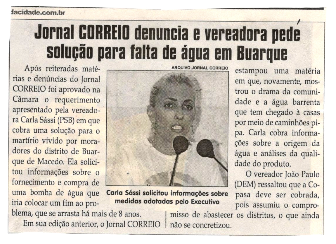 Jornal Correio denuncia e vereadora pede solução para falta de água em Buarque. Jornal Correio da Cidade, Conselheiro Lafaiete, 17 mar. 2018 a 23 mar. 2018, 1413ª ed., Caderno Política , p. 6. 