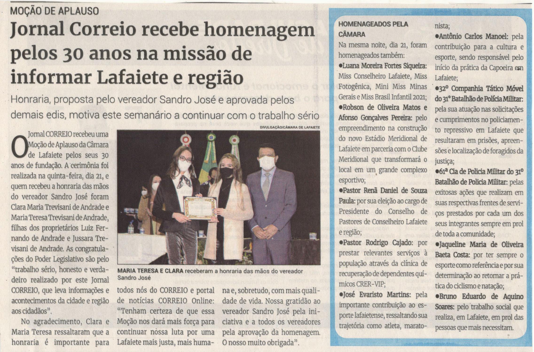 Jornal Correio recebe homenagem pelos 30 anos na missão de informar Lafaiete e região. Jornal Correio, Conselheiro Lafaiete, 30 Outubro 2021, 1600ª ed., Caderno Comunidade, p. 16.