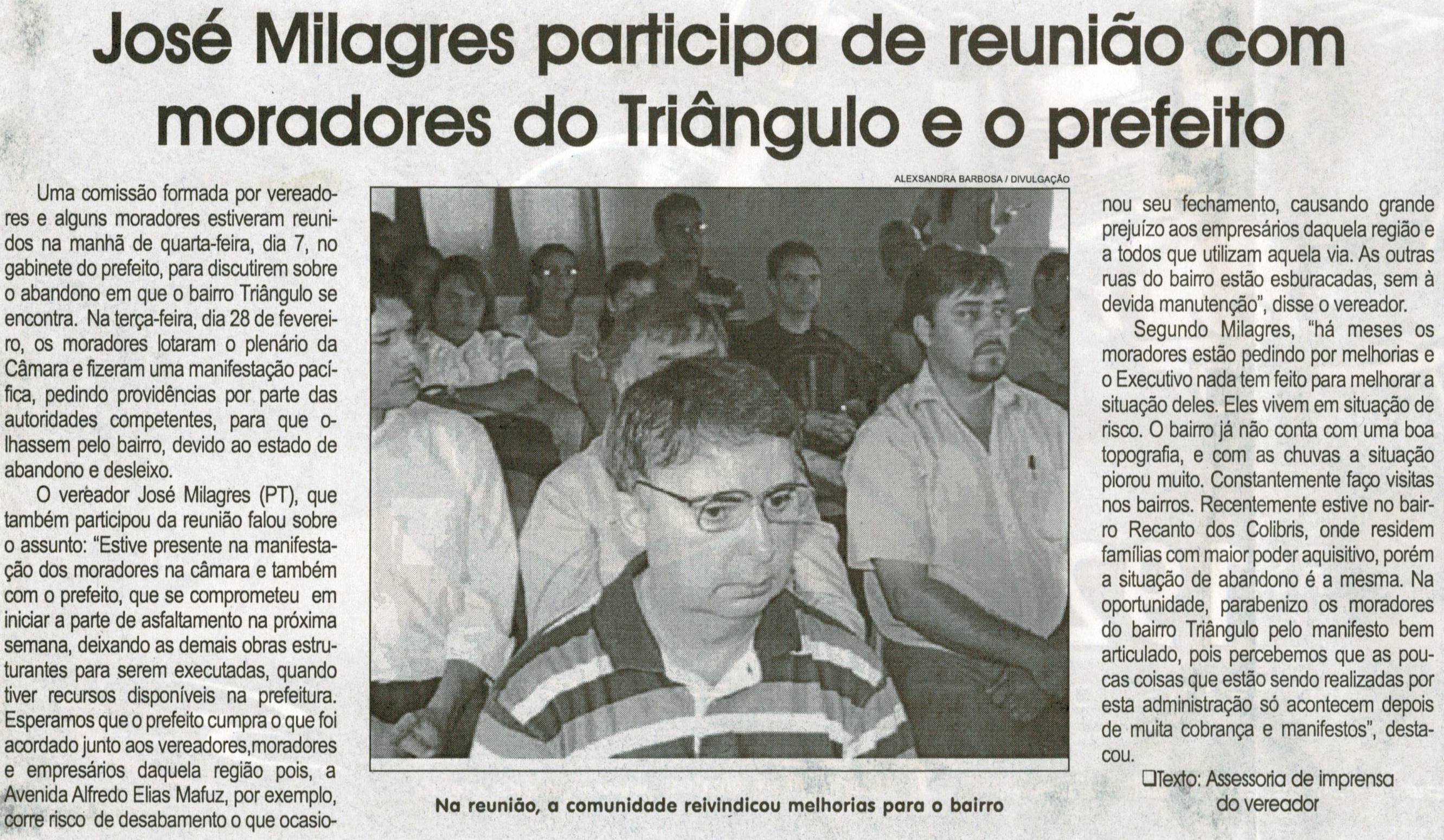 José Milagres participa de reunião com moradores do Triângulo e o prefeito. Jornal Correio da Cidade, Conselheiro Lafaiete, 17 mar. 2012, p. 04.