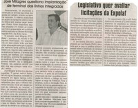 José Milagres questiona implantação das linhas integradas; Legislativo quer avaliar licitações da Expolaf. Jornal Correio da Cidade, Conselheiro Lafaiete, 21 abr. 2012, p. 02.