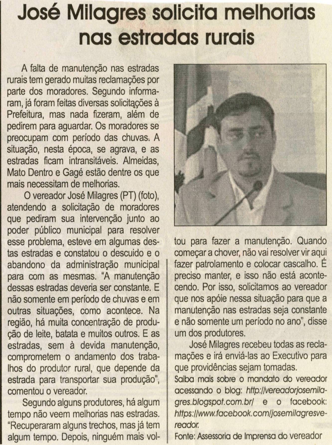 José Milagres solicita melhorias nas estradas rurais. Jornal Correio da Cidade, Conselheiro Lafaiete, 23 jun. 2012, p. 04.