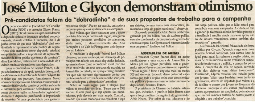 José Milton e Glycon demonstram otimismo. Jornal Correio da Cidade, Conselheiro Lafaiete, 24 jun. 2006, 809ª ed., p. 04.