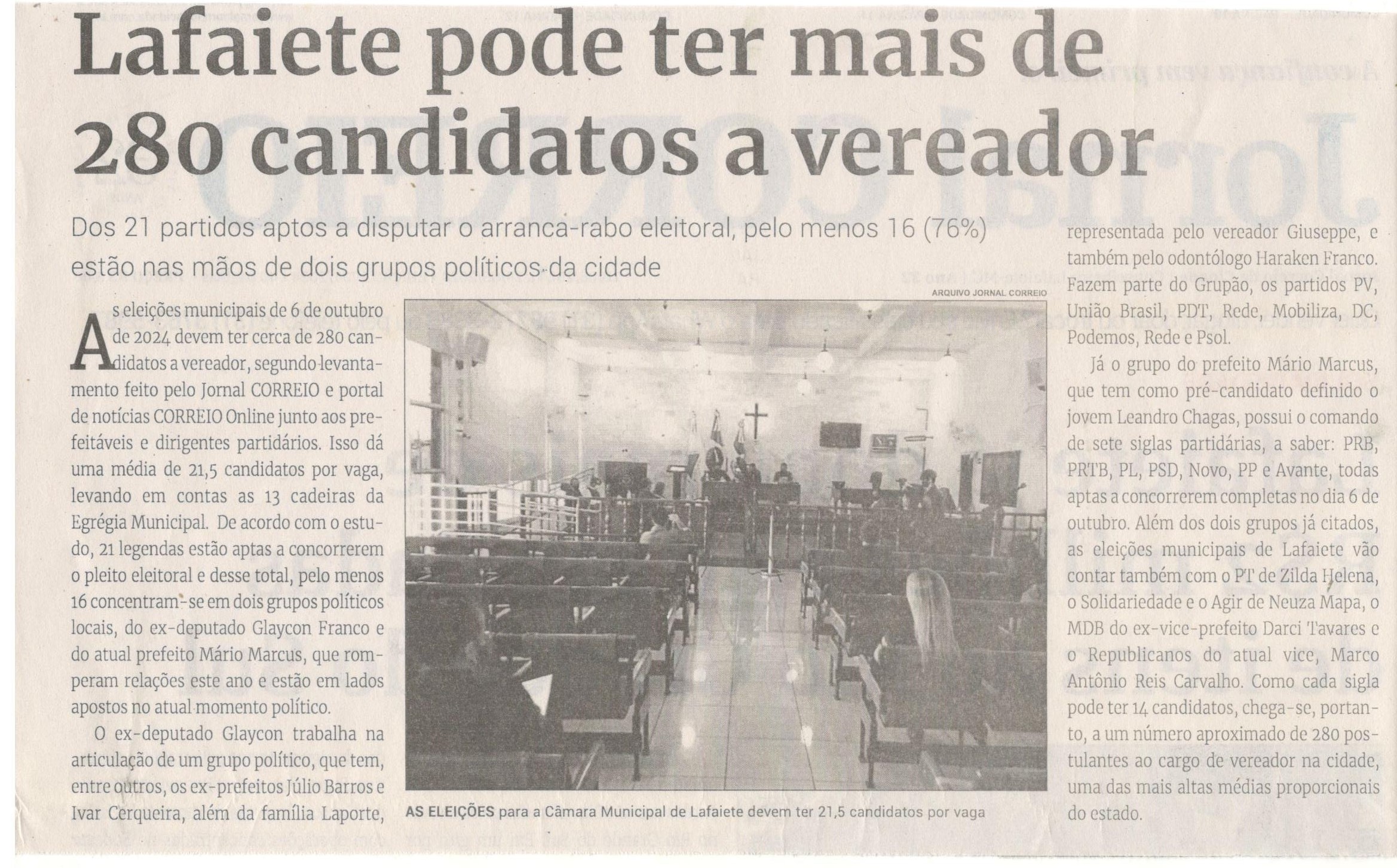 Lafaiete pode ter mais de 280 candidatos a vereador. Jornal Correio da Cidade, Conselheiro Lafaiete, 18 a 24 de mai. 2024, 1731ª ed., Política, p. 2.