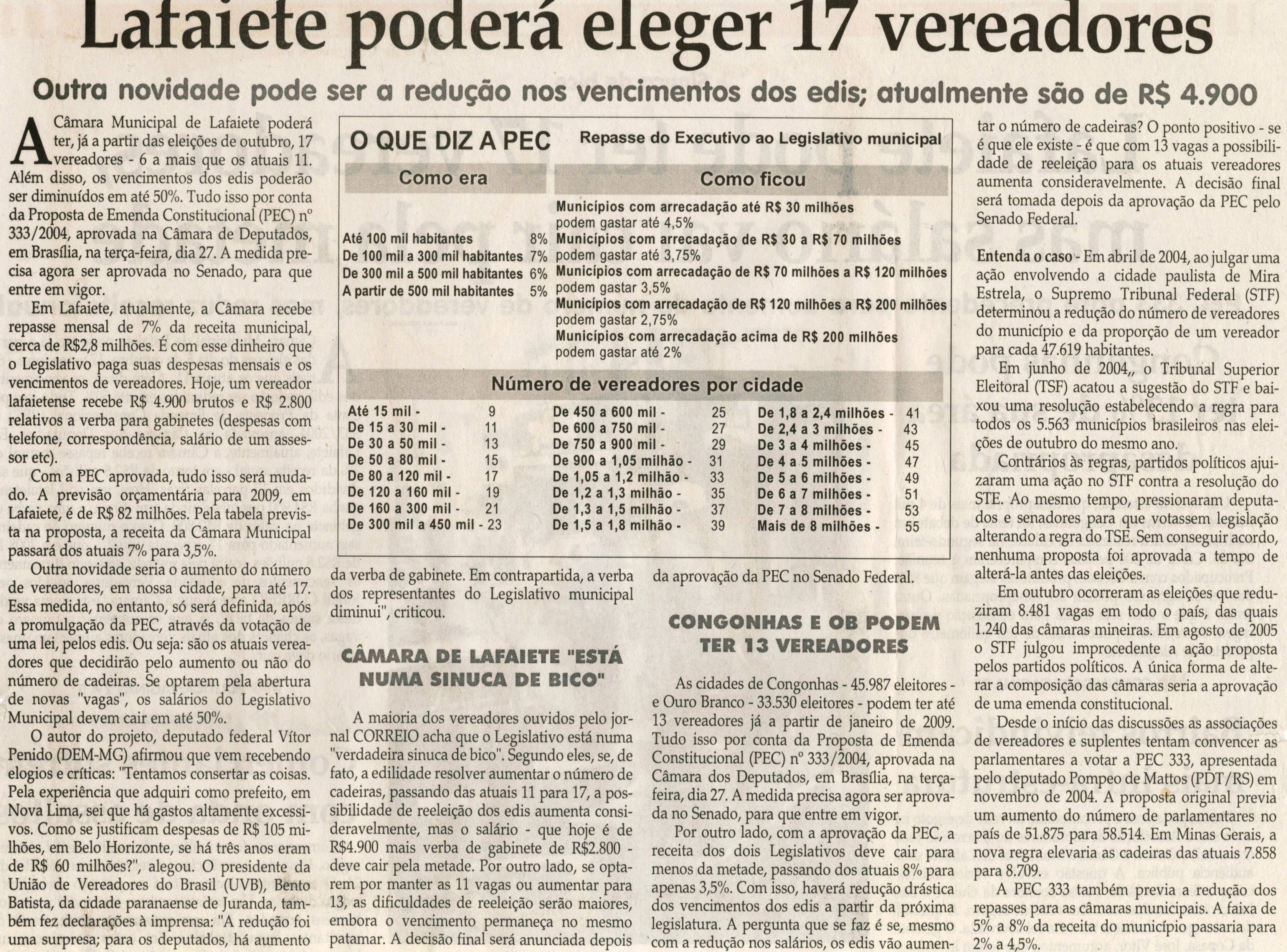 Lafaiete poderá eleger 17 vereadores: outra novidade pode ser a redução nos vencimentos dos edis; atualmente são de R$4.900. Jornal Correio da Cidade, Conselheiro Lafaiete,  31 mai. 2008, p. 02.