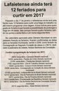 Lafaietense ainda terá 12 feriados para curtir em 2017. Jornal Expressão Regional, Conselheiro Lafaiete, 07 jan. 2017 a 14 jan. 2017, 457Xª ed., p. 2.
