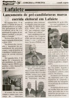 Lançamento de pré-candidaturas marca corrida eleitoral em Lafaiete. Jornal Expressão Regional. Conselheiro Lafaiete, 13 ago 2016, 886ª ed. ano XXX, Caderno Gerais, p. 02.