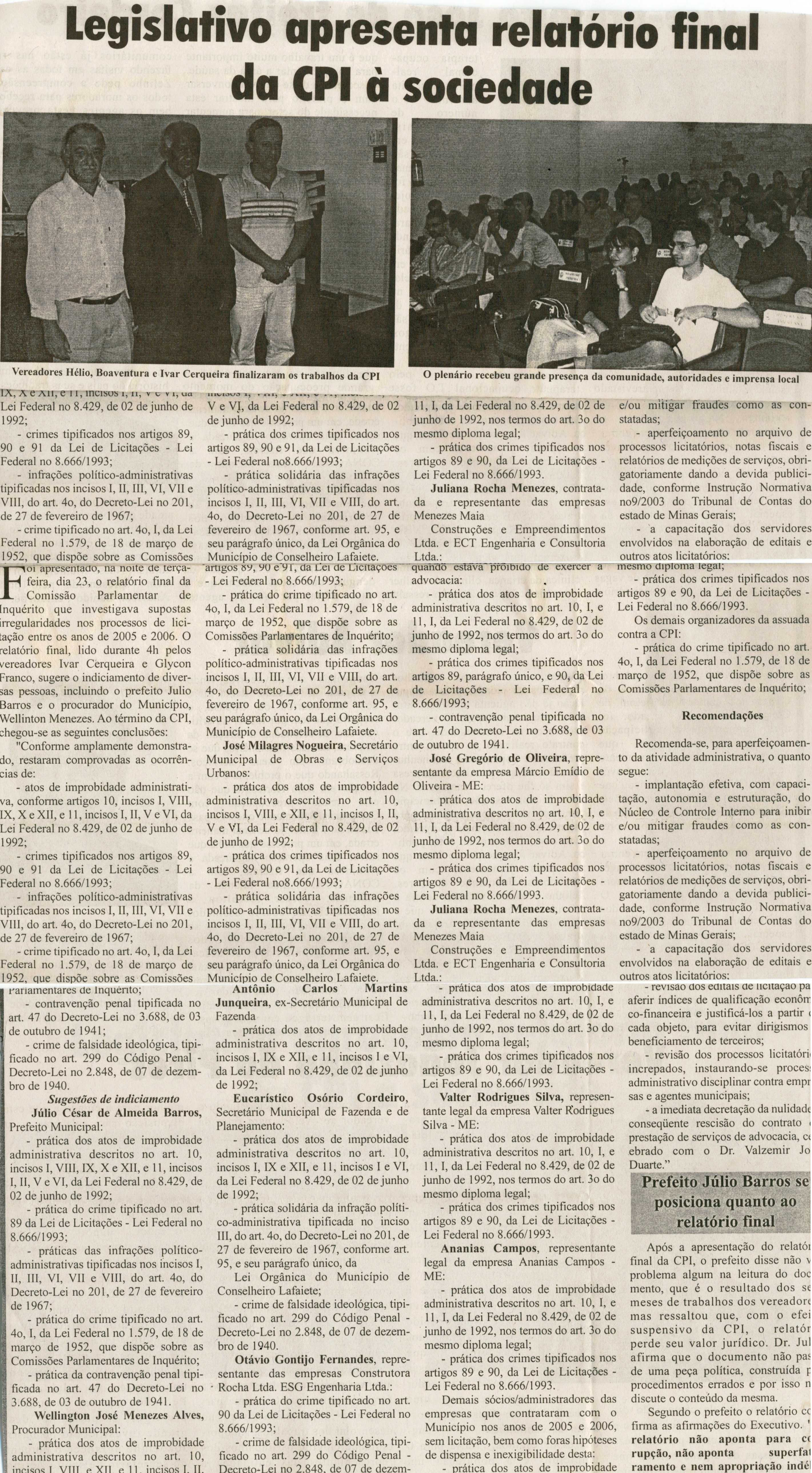 Legislativo apresenta relatório final da CPI à sociedade. Jornal O Dossiê, Conselheiro Lafaiete, 27 out. 2007, 175ª ed., p. 09