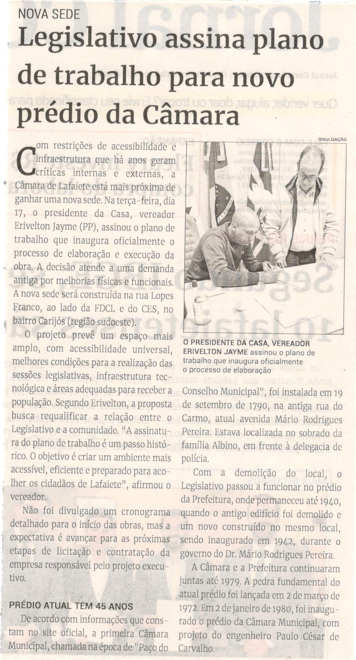 Legislativo assina plano de trabalho para novo prédio da Câmara. Jornal Correio da Cidade, Conselheiro Lafaiete, 21 a 27 jun. 2025, 1785ª ed., Política, p. 2.