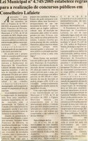 Lei Municipal nº 4.745/2005 estabelece regras para a realização de concursos públicos em Conselheiro Lafaiete. Jornal Nova Gazeta, 06 jan. 2007, 445ª ed., p. 05.