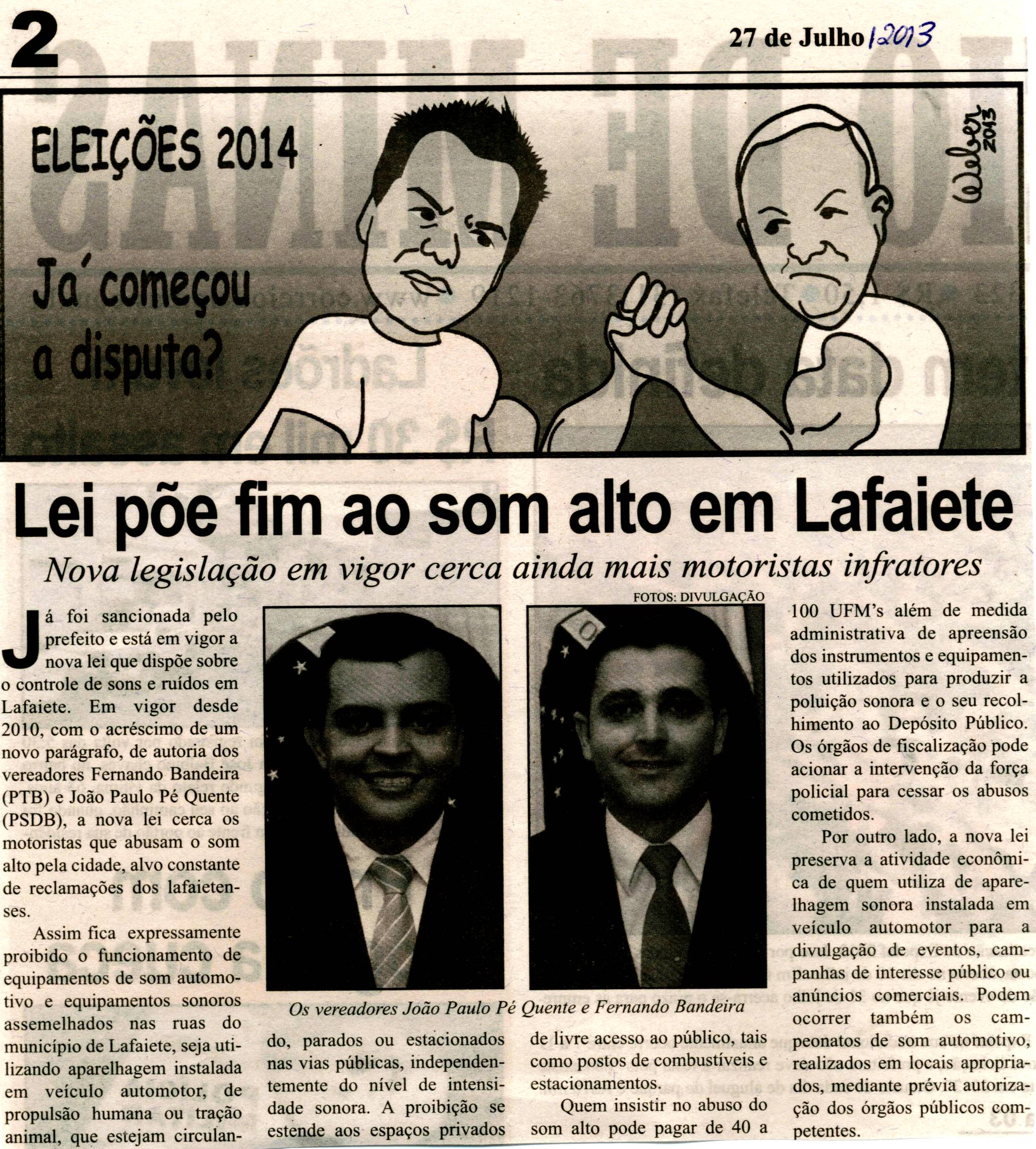 Lei põe fim ao som alto em Lafaiete: nova legislação em vigor cerca ainda mais motoristas infratores. Correio de Minas, Conselheiro Lafaiete, 27 jul. 2013, p. 02.