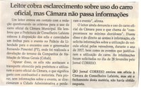 Leitor cobra esclarecimento sobre uso do carro oficial, mas Câmara não passa informações. Jornal Correio da Cidade, Conselheiro Lafaiete, 17 mar. 2018 a 23 mar. 2018, 1413ª ed., Caderno Política, p. 6. 