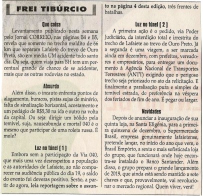 Luz no túnel. Jornal Correio da Cidade, Conselheiro Lafaiete, 24 nov. 2018 a 30 nov. 2018, 1449ª ed., Caderno Opinião, Frei Tibúrcio, p. 8.