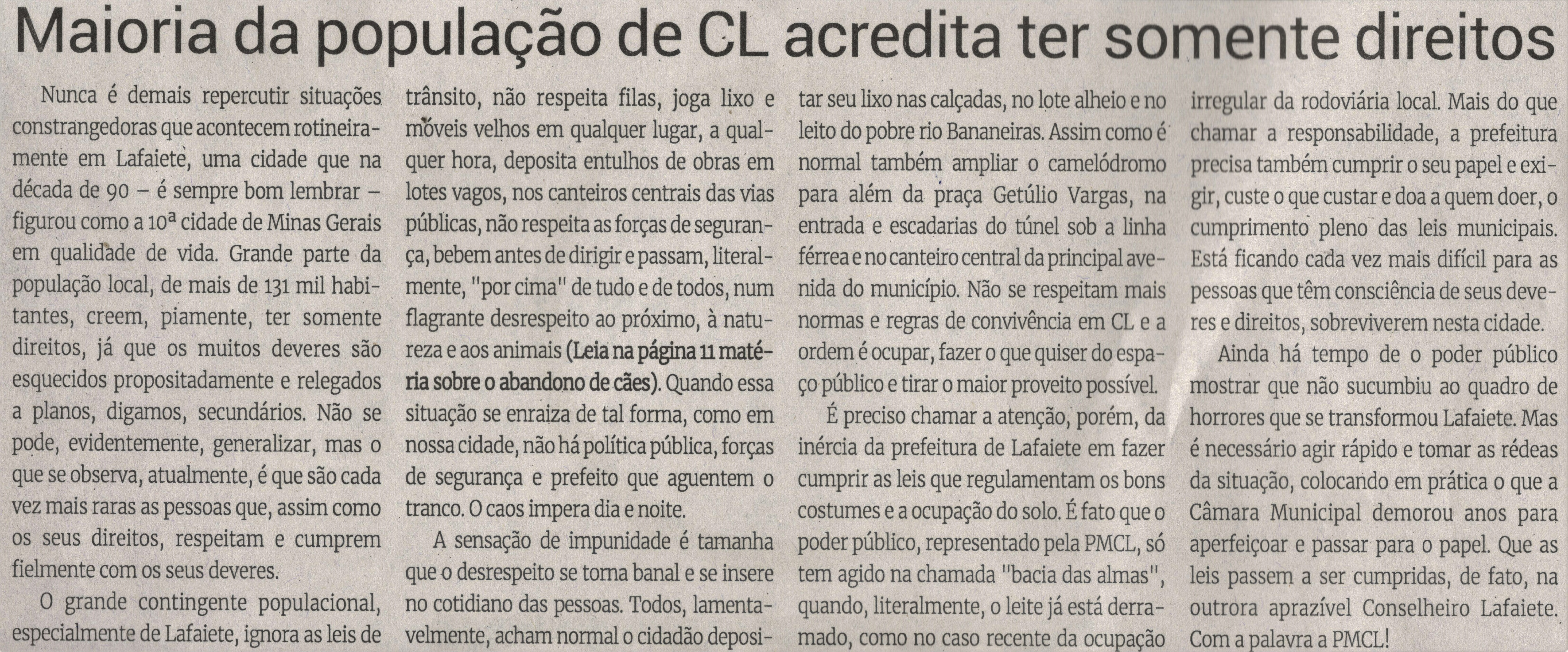 Maioria da população de CL acredita ter somente direitos. Jornal Correio da Cidade, Conselheiro Lafaiete de 22 a 28 de jul. de 2023, 1689ª ed., Opinião, p. 6.