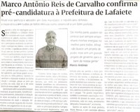 Marco Antônio Reis de Carvalho confirma pré-candidatura à Prefeitura de Lafaiete. Jornal Correio da Cidade, Conselheiro Lafaiete de 27 a 02 de fev. de 2024, 1715ª ed., Política, p. 04.