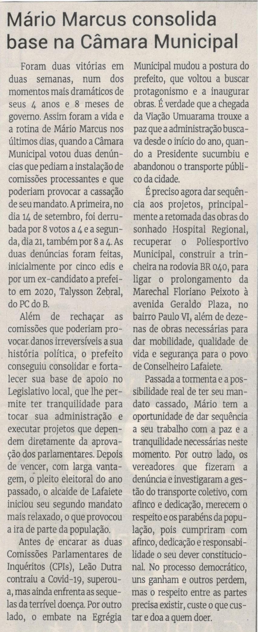 Mario Marcus consolida base na Câmara Municipal. Jornal Correio, Conselheiro Lafaiete, 25 Setembro 2021, 1595ª ed., Caderno Opinião, p. 08.