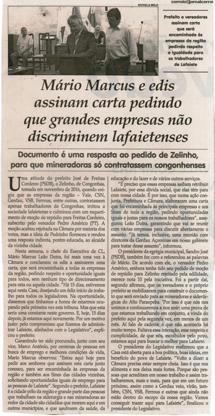 Mário Marcus e edis assinam carta pedindo que grandes empresas não discriminem lafaietenses. Jornal Correio da Cidade, Conselheiro Lafaiete, 28 jan. 2017 a 03 fev. 2017, 1354ª ed. Caderno Político, p. 6.