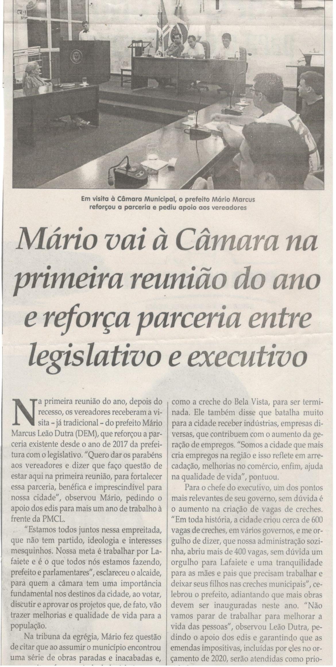 MÁRIO vai à Câmara na primeira reunião do ano e reforça parceria entre legislativo e executivo. Jornal Correio da Cidade, Conselheiro Lafaiete, 08 a 14 fev. 2020. 1511ª ed. Caderno Política, p. 4.