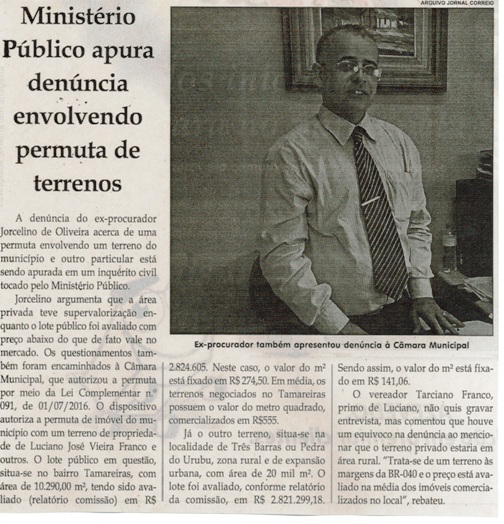 Ministério Público apura denúncia envolvendo permuta de terrenos. Jornal Correio da Cidade, Conselheiro Lafaiete, 23 a 29 jul. 2016, 1327ª ed., Caderno Política, p. 6.