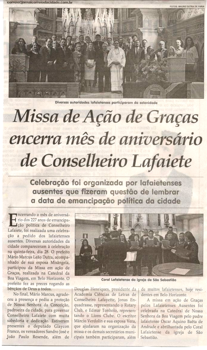 Missa de Ação de Graças encerra mês de aniversário de Conselheiro Lafaiete. Jornal Correio da Cidade, Conselheiro Lafaiete, 07 out. 2017 a 13 out. 2017, 1390ª ed., Caderno Especial, p C6.