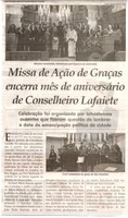 Missa de Ação de Graças encerra mês de aniversário de Conselheiro Lafaiete. Jornal Correio da Cidade, Conselheiro Lafaiete, 07 out. 2017 a 13 out. 2017, 1390ª ed., Caderno Especial, p C6.