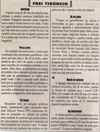 Moção de Aplauso. Jornal Correio da Cidade, Conselheiro Lafaiete, 25 jun. a 1º jul. 2016, 1323ª ed, Caderno Opnião, Frei Tibúrcio, p. 8.