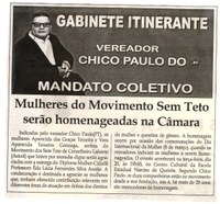 Mulheres do Movimento Sem teto serão homenageadas na Câmara. Jornal Correio da Cidade, Conselheiro Lafaiete, 10 mar. 2018 a 16 mar. 2018, 1412ª ed., Caderno Política, p 06.