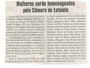 Mulheres serão homenageadas pela Câmara de Lafaiete. Jornal Correio da Cidade, Conselheiro Lafaiete, 18 mar. 2017 a 24 mar. 2017, 1361ª ed.,Caderno Político, p. 6.