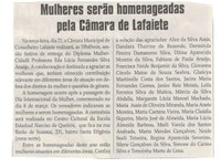 Mulheres serão homenageadas pela Câmara de Lafaiete. Jornal Correio da Cidade, Conselheiro Lafaiete, 18 mar. 2017 a 24 mar. 2017, 1361ª ed.,Caderno Político, p. 6.