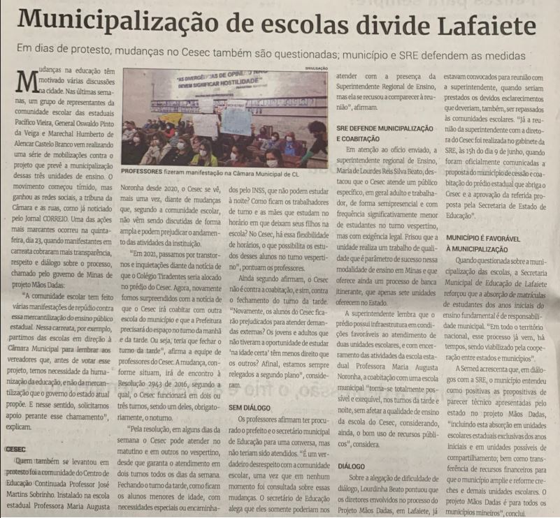 Municipalização de escolas divide Lafaiete. Jornal Correio da Cidade, Conselheiro Lafaiete, 02 de jul. de 2022, 1634ª ed., Caderno Comunidade, p. 10.