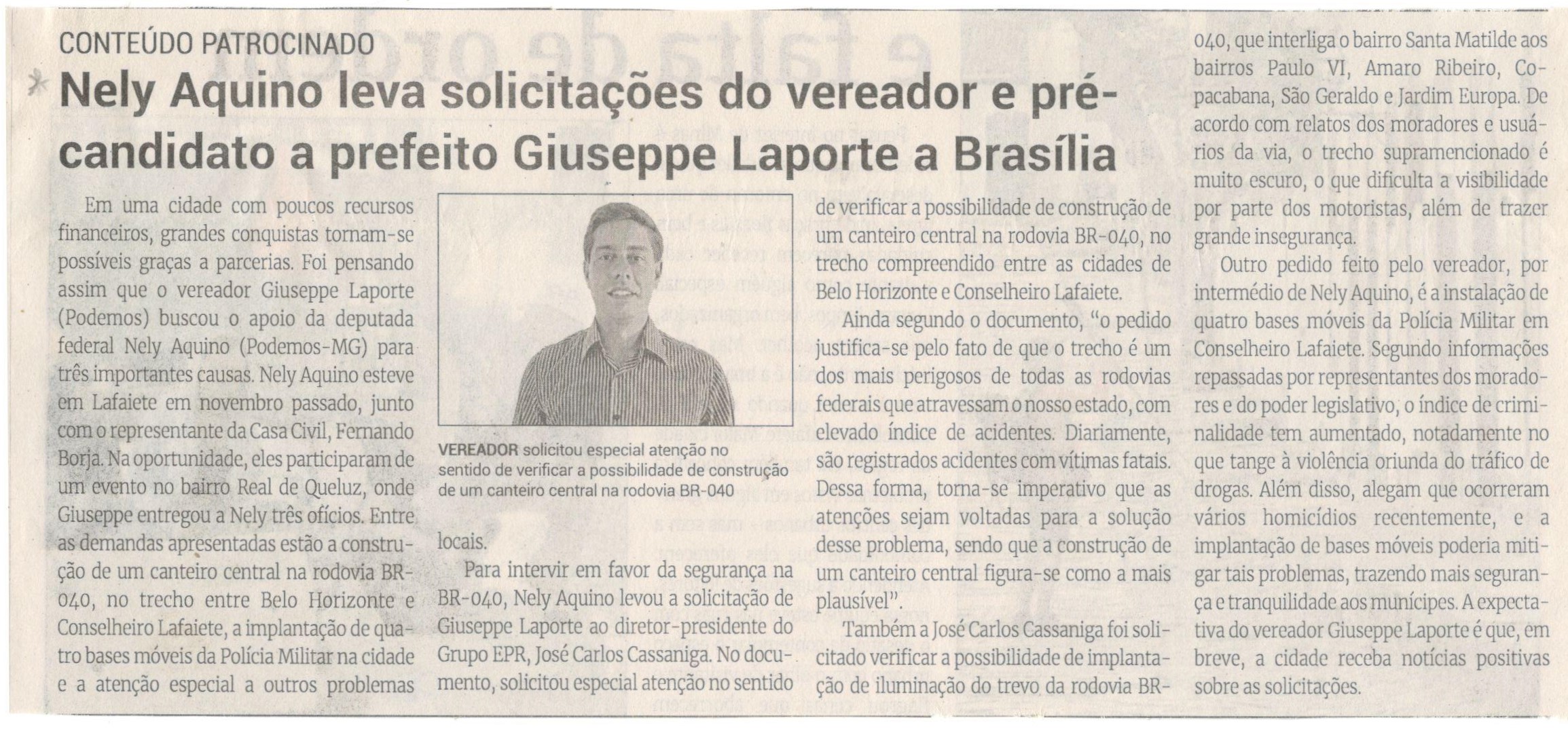 Nely Aquino leva solicitações do vereador e pré-candidato a prefeito Giuseppe Laporte a Brasília. Jornal Correio da Cidade, Conselheiro Lafaiete, 25 a 31 de mai. 2024, 1732ª ed., Política, p. 2.