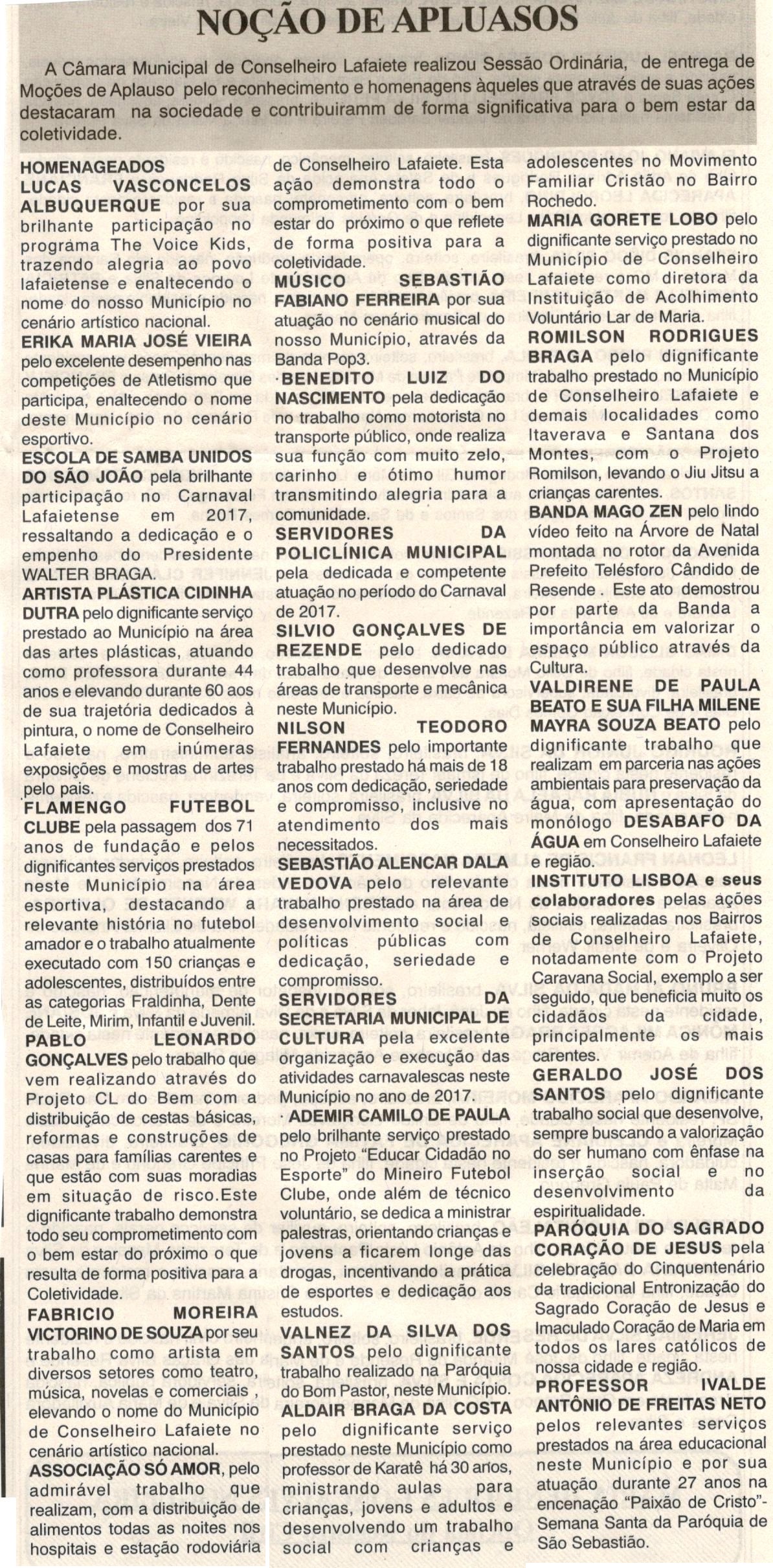 Noção de Aplausos. Jornal Nova Gazeta, Conselheiro Lafaiete, 15 jul. 2017 a 15 jul. 2017, Ano XXX, 918ª ed., Caderno Gerais,p.9.