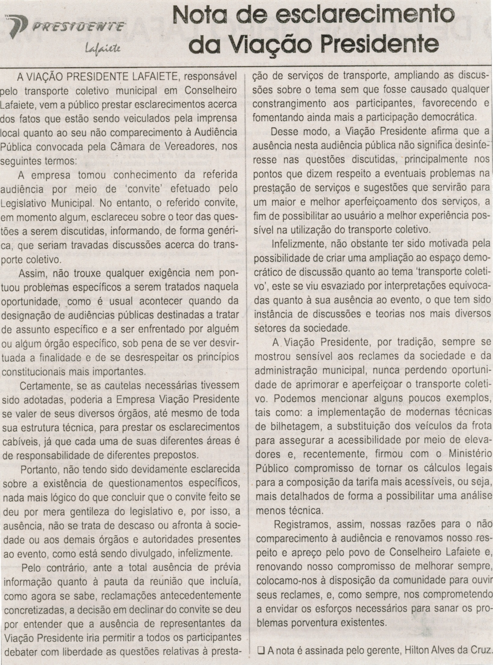 Nota de esclarecimento da Viação Presidente. Jornal Correio da Cidade, Conselheiro Lafaiete, 31 mai. 2014, p. D4.