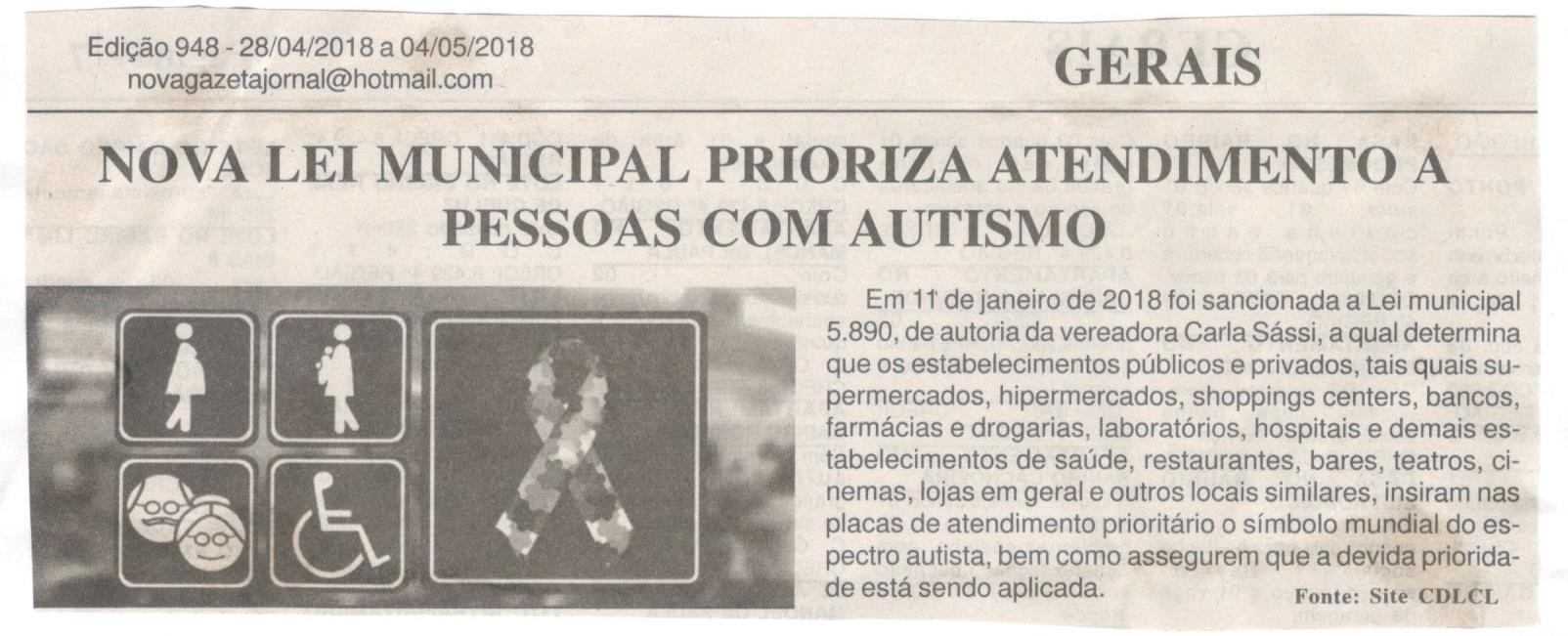 Nova lei municipal prioriza atendimento a pessoas com autismo. Jornal Nova Gazeta, Conselheiro Lafaiete ,28 abr. 2018 a 04 mai. 2018, 948ª ed. Ano XXXI, Caderno Gerais, p. 8.