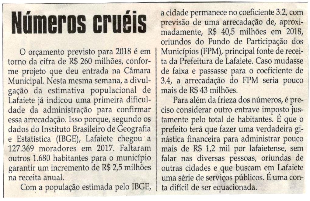 Números cruéis. Jornal Correio da Cidade, Conselheiro Lafaiete, 09 set. 2017 a 15 set. 2017, 1386ª ed., Caderno Opinião, p 8.