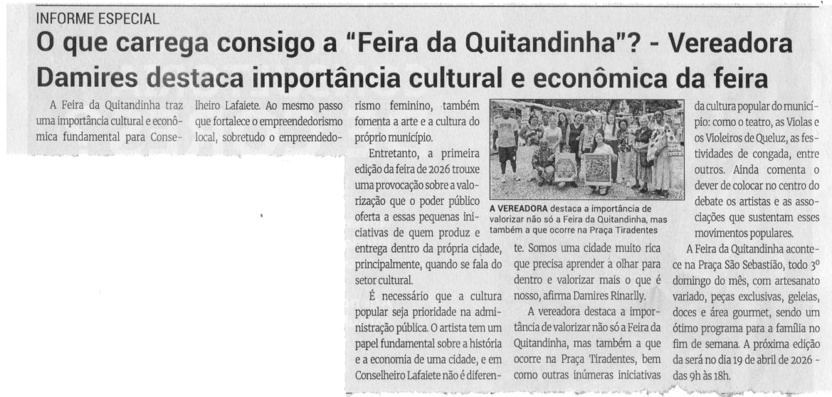 O que carrega consigo a "Feira da Quintandinha"? - Vereadora Damires destaca a importância cultural e econômica da feira. Jornal Correio da Cidade, Conselheiro Lafaiete, 21 a 27 mar. 2026, 1819ª ed., Política, p. 4.