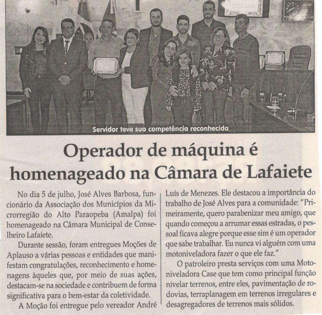 Operador de máquina é homenageado na Câmara de Lafaiete. Jornal Correio da Cidade, 14 jul. 2018 a 20 jul. 2018. 1430ª ed., Caderno Política, p. 4.