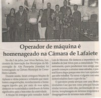 Operador de máquina é homenageado na Câmara de Lafaiete. Jornal Correio da Cidade, 14 jul. 2018 a 20 jul. 2018. 1430ª ed., Caderno Política, p. 4.