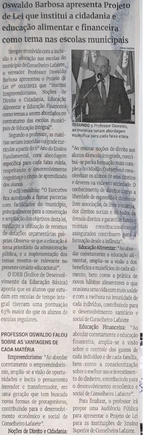 Oswaldo Barbosa apresenta Projeto de Lei que institui a cidadania e educação alimentar e financeira como tema nas escolas municipais. Jornal Correio da Cidade, Conselheiro Lafaiete, 19 de mar. de 2022, 1619ª ed., Caderno Política, p. 6.