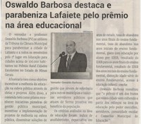 Oswaldo Barbosa destaca e parabeniza Lafaiete pelo prêmio na área educacional. Jornal Correio, Conselheiro Lafaiete, 30 Outubro 2021, 1600ª ed., Caderno Política, p. 04.