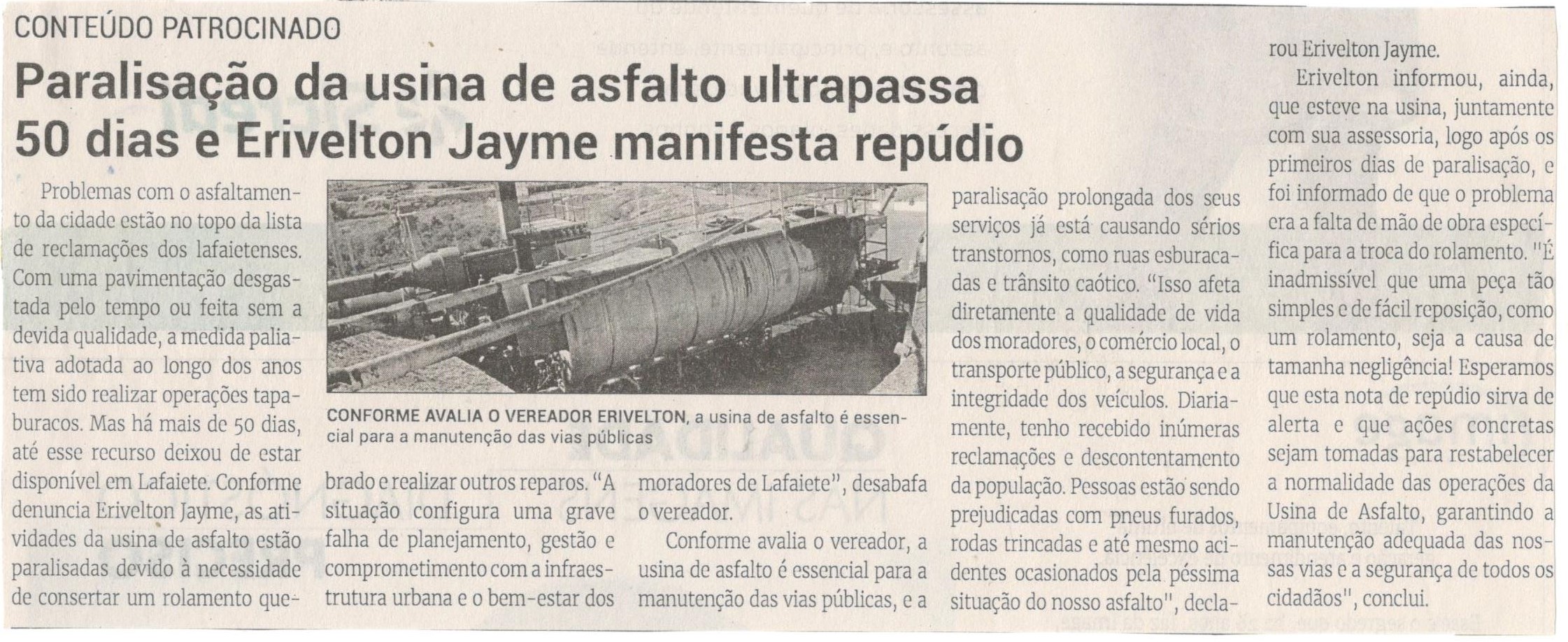 Paralisação da usina de asfalto ultrapassa 50 dias e Erivelton Jayme manifesta repúdio. Jornal Correio da Cidade, Conselheiro Lafaiete, 15 a 21 de jun. 2024, 1735ª ed., Política, p. 4.