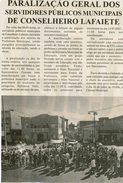 [Paralisação] Geral dos Servidores Públicos Municipais de Conselheiro Lafaiete. Jornal Nova Gazeta, Conselheiro lafaiete, 14 jan. 2007, 470ª d. p. 22.