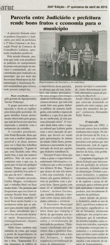 Parceria entre Judiciário e prefeitura rende bons frutos e ecopnomia para o município. Baruc, Congonhas, 204ª ed., 2º quinzena de abril de 2015.
