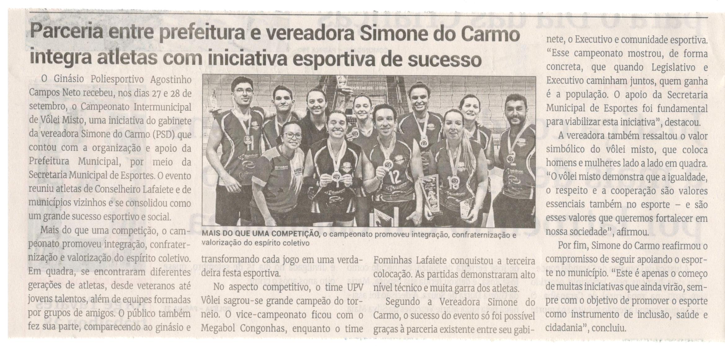 Parceria entre prefeitura e vereadora Simone do Carmo integra atletas com iniciativa esportiva de sucesso. Jornal Correio da Cidade, Conselheiro Lafaiete, 04 a 10 out. 2025, 1799ª ed., Política, p. 2.