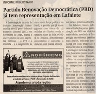 Partido Renovação Democrática (PRD) já tem representação em Lafaiete. Jornal Correio da Cidade, Conselheiro Lafaiete de 27 a 02 de fev. de 2024, 1715ª ed., Política, p. 02.