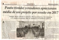 Pauta tímida: vereadores apreciaram média de um projeto por sessão em 2017. Jornal Correio da Cidade, Conselheiro Lafaiete, 13 jan. 2018 a 19 jan. 2018, 1404ª ed., Caderno Política, p 04.