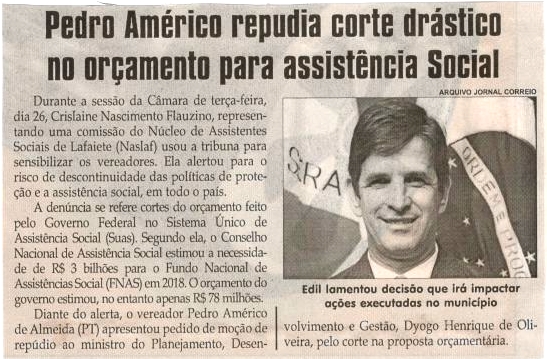 Pedro Américo repudia corte drástico no orçamento para assistência Social. Jornal Correio da Cidade, Conselheiro Lafaiete, 30 set. 2017 a 06 out. 2017, 1389ª ed., Caderno Política, p 6. 