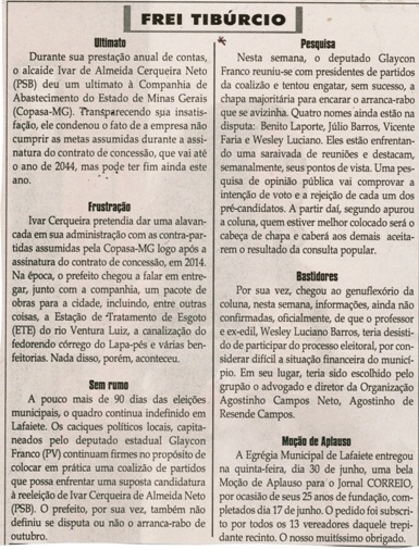Pesquisa; Moção de Aplauso. Jornal Correio da Cidade, Conselheiro Lafaiete, 02 a 08 jul. 2016, 1324ª ed., Caderno Opinião, Frei Tibúrcio, p. 8.