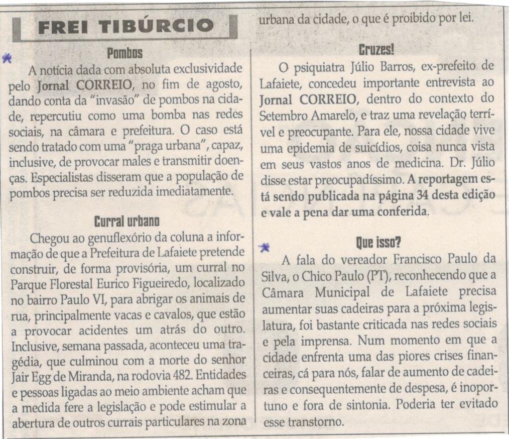 Pombos. Curral Humano. Jornal Correio da Cidade, 21 Set a 27 Set. 2019, 1492ª ed., Caderno Opinião, Frei Tibúrcio, p. 8.