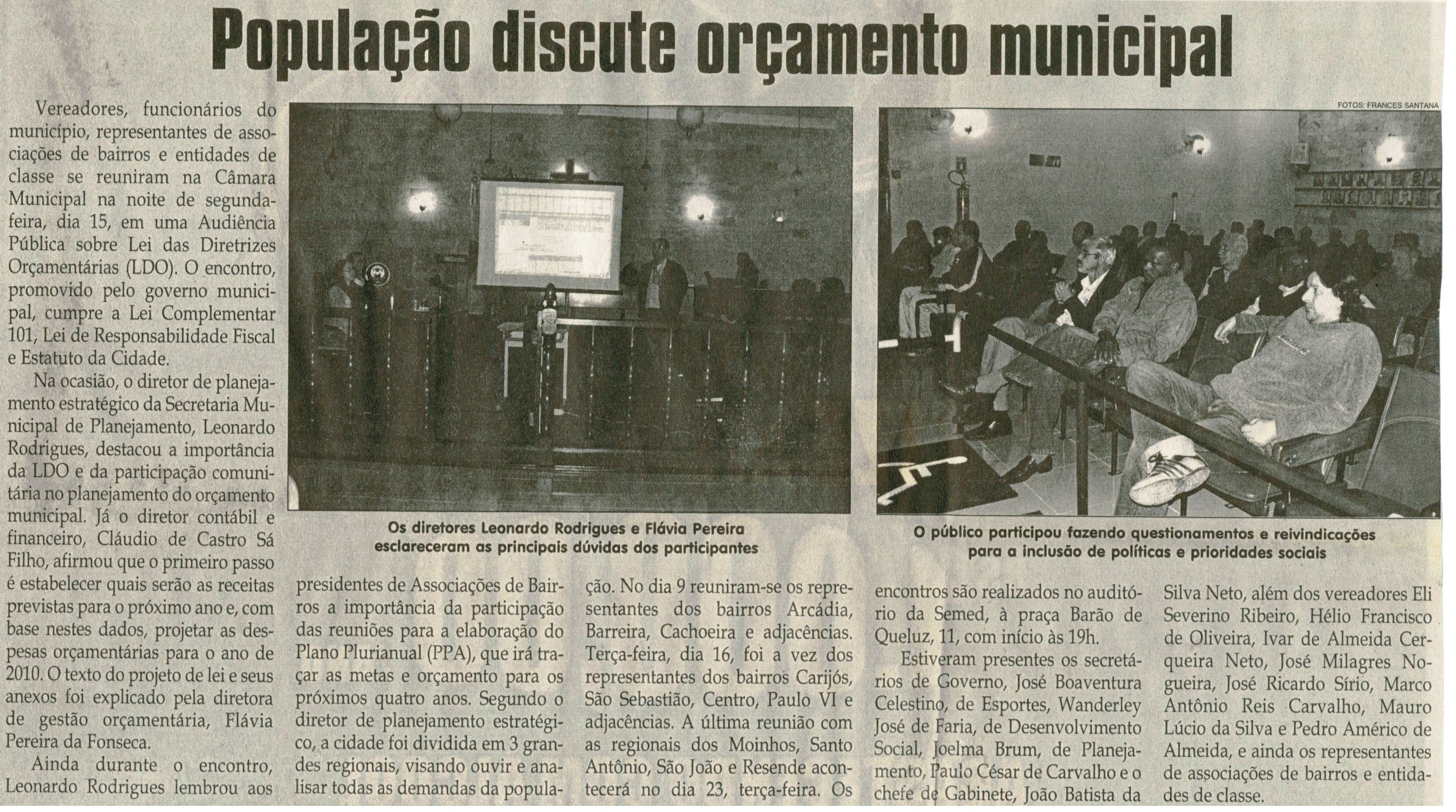 População discute orçamento municipal. Jornal Correio da Cidade, Conselheiro Lafaiete, 20 jun. 2009, p. 04.